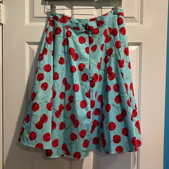 Eva Rose swing midi skirt cherries red blue cotton sz M - Picture 3 of 4
